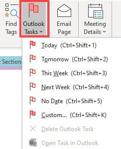 Drop-down on the ribbon allows creating tasks from OneNote to Outlook