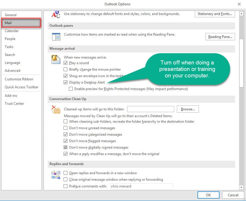 Turn Outlook's alerts on and off