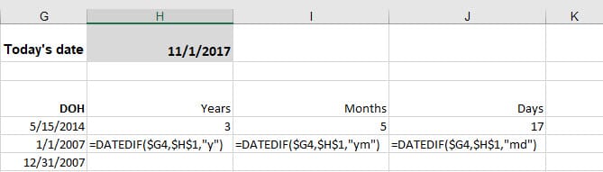 Calculate nr of days, months or years between dates