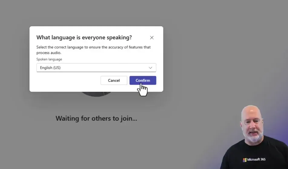 Microsoft Teams dialog asking 'What language is everyone speaking?' with English (US) selected and a Confirm button.