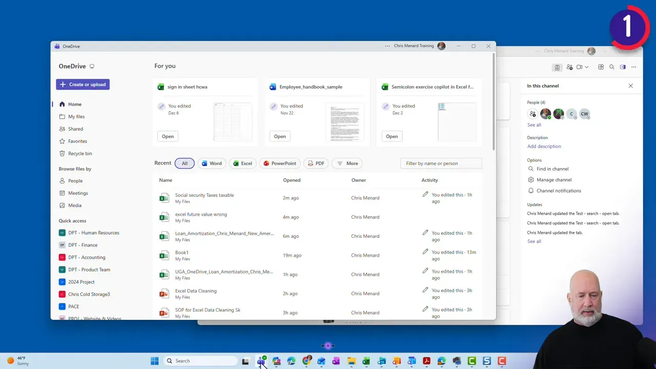 Microsoft Teams with a OneDrive window popped out from the left sidebar, showing recent files and the main Teams window behind it.