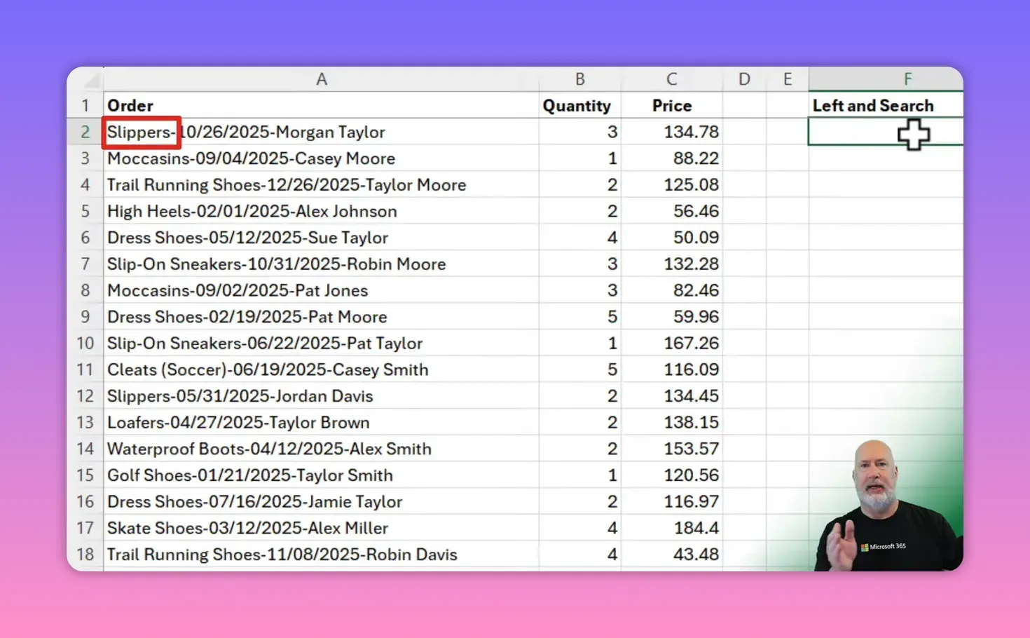 Close-up of the Order column in Excel showing 'Slippers-10/26/2025-Morgan Taylor' and other product-date-customer entries with a highlighted product prefix