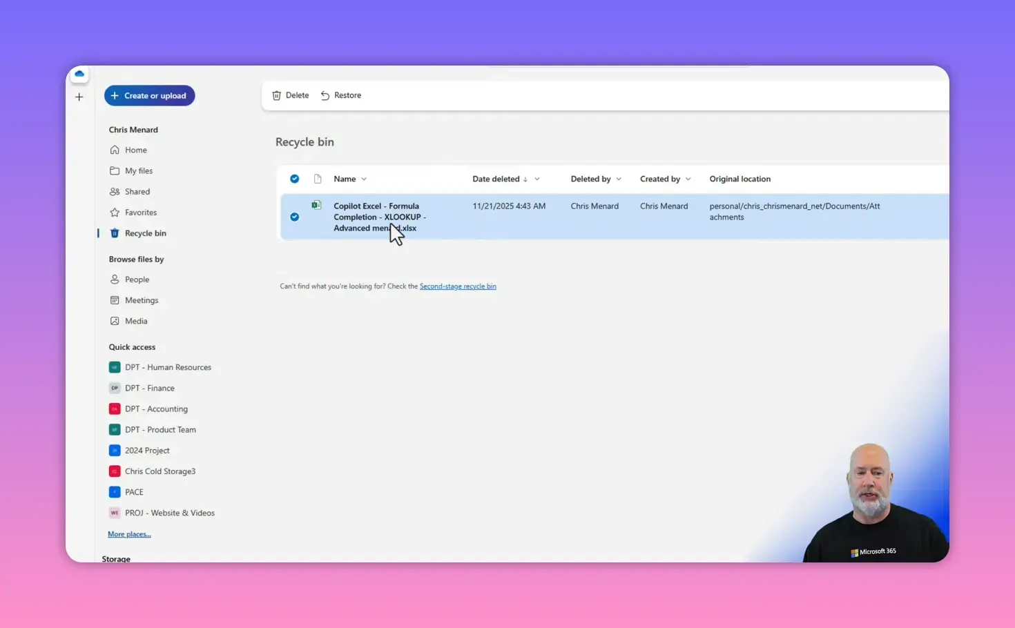 OneDrive Recycle bin web UI with a file highlighted in blue, a pointer near the file, the 'Second-stage recycle bin' link visible, and a presenter overlay at the bottom right.