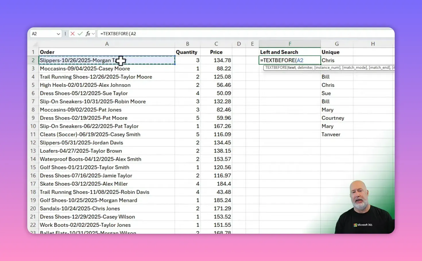 Excel screenshot with cell A2 selected (Slippers-10/26/2025-Morgan Taylor) and the formula bar showing =TEXTBEFORE(A2).