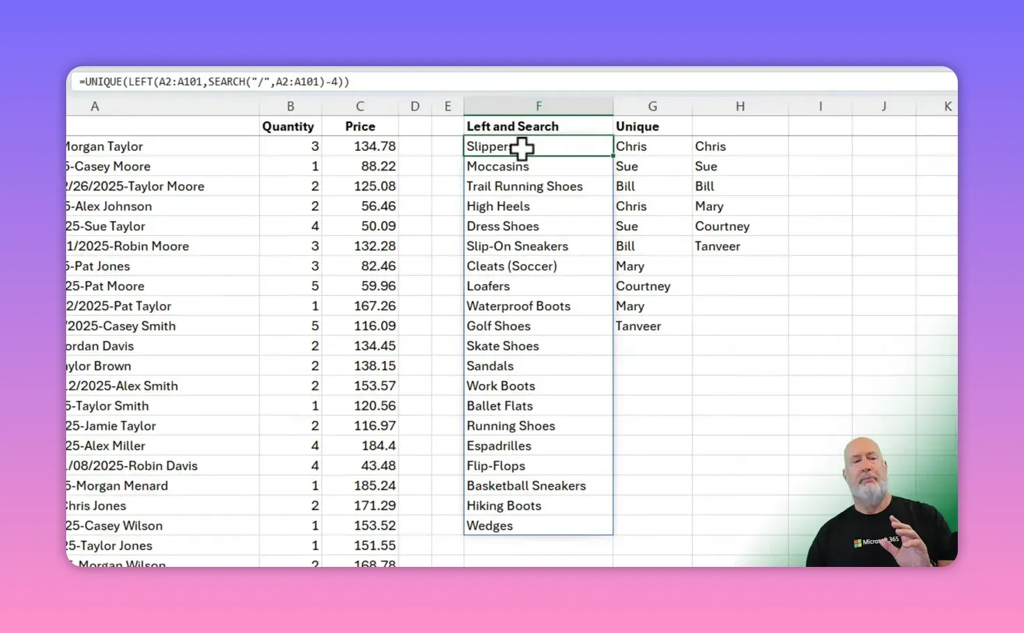Excel window showing the formula bar with =UNIQUE(LEFT(...)) and the spilled product list in the 'Left and Search' column.