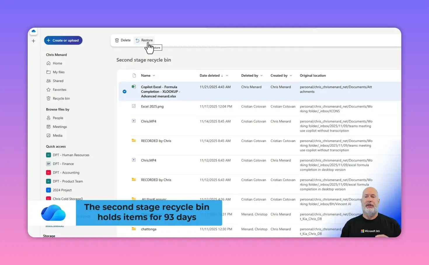 OneDrive second-stage Recycle Bin web view showing a list of deleted files, the Delete/Restore toolbar and a presenter visible in the corner.