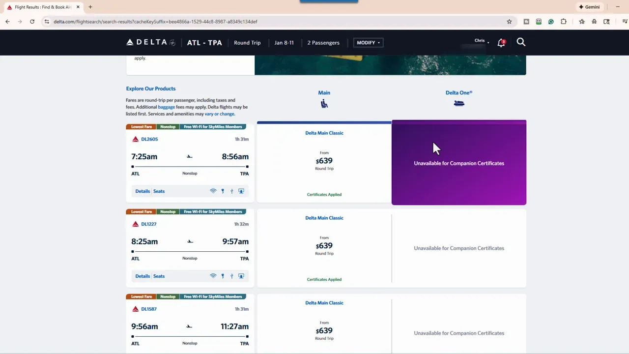 Delta flight search results page showing several flights and a purple box reading 'Unavailable for Companion Certificates'.
