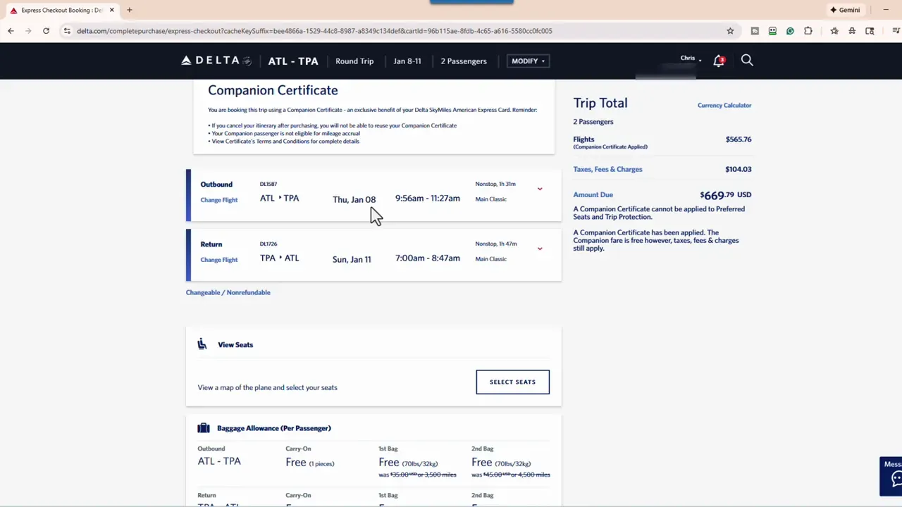 Delta Express Checkout trip summary showing companion certificate applied with trip total, outbound and return flights and amount due