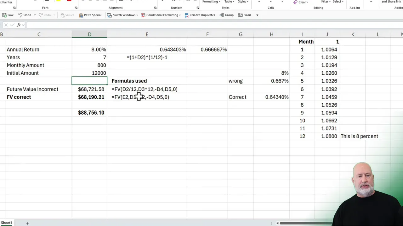 Close Excel screenshot showing Initial Amount $12,000 and FV formulas demonstrating corrected monthly compounding