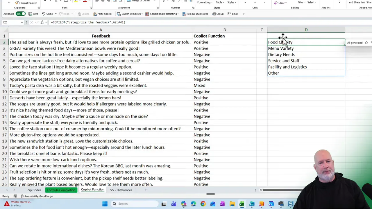 Excel screenshot showing feedback comments, Copilot sentiment outputs, a visible list of categories (Food Quality, Menu Variety, Dietary Needs, Service and Staff, Facility and Logistics, Other) with a cursor over 'Food Quality' and an 'AI-generated' tooltip.