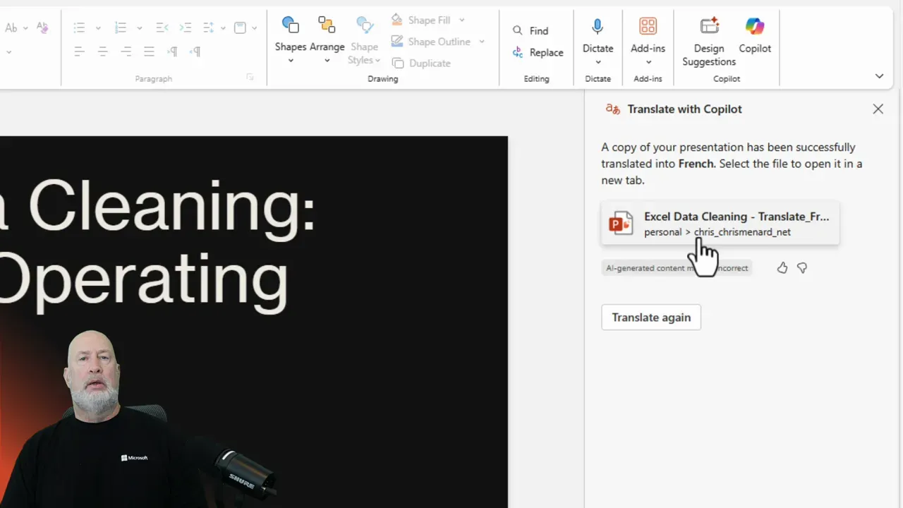 Copilot confirmation pane stating a copy of the presentation has been successfully translated into French with a file card linking to the translated file in OneDrive.