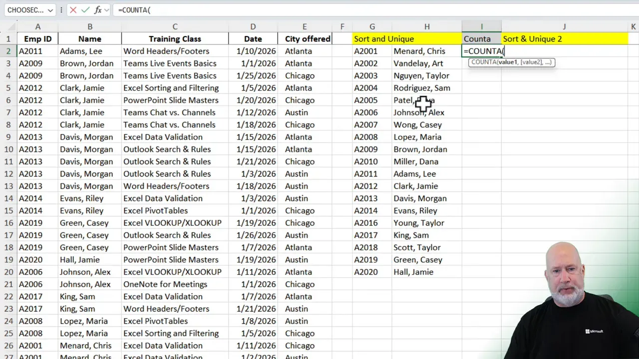 Excel screenshot with formula bar showing =COUNTA( while the employee training data is visible in the sheet.