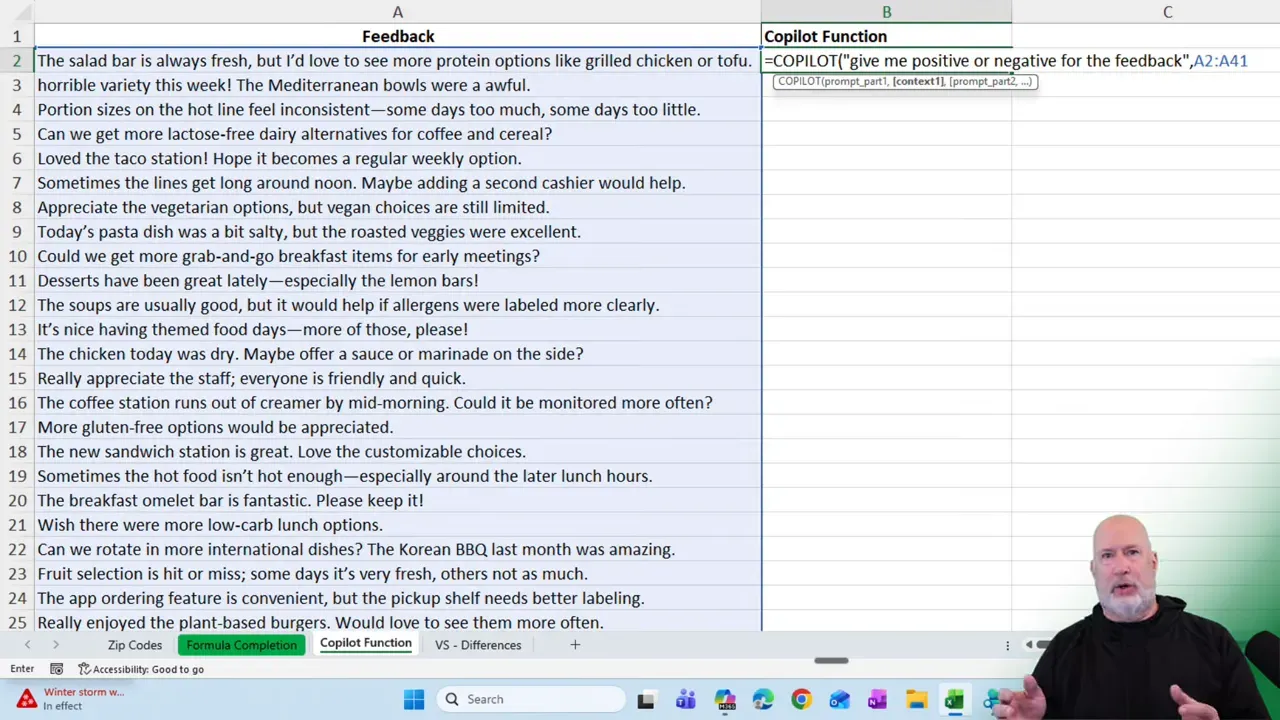 Excel screenshot showing the feedback range A2:A41 selected and the formula =COPILOT(