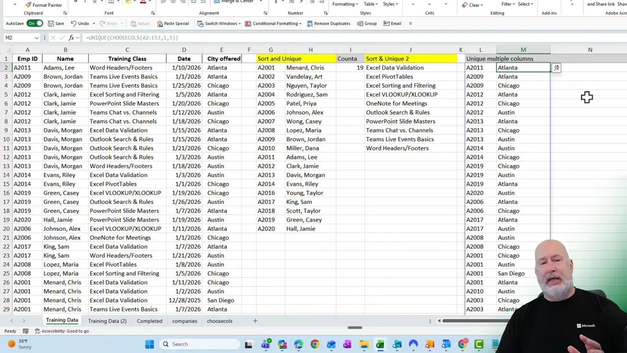 Close view of an Excel worksheet with the formula =UNIQUE(CHOOSECOLS(A2:E53,1,5)) in the formula bar and the sorted unique results shown in the sheet.
