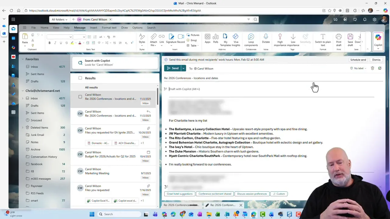 Outlook compose window with Copilot suggested reply buttons visible at the bottom of the draft (labels like 'Great hotel suggestions') and message contents in center.