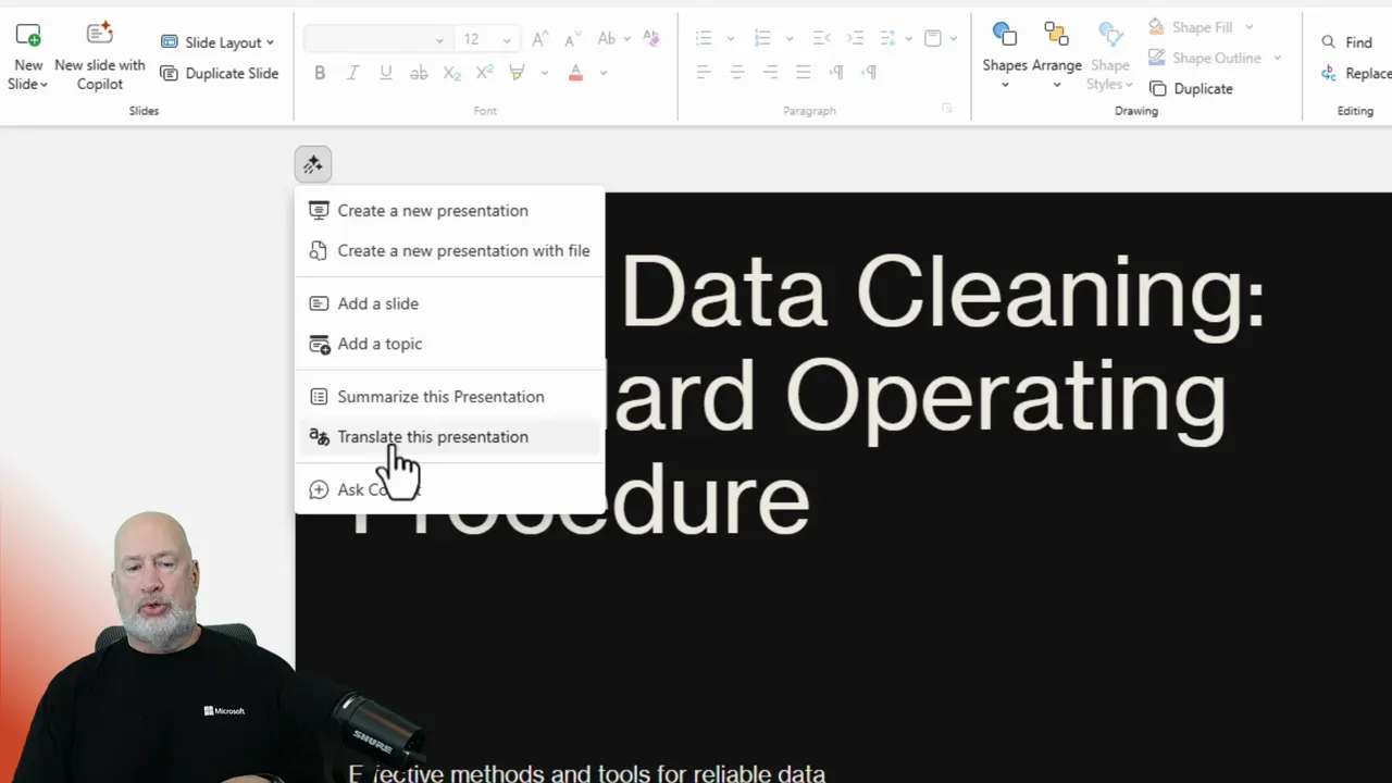 PowerPoint showing the Copilot menu with the 'Translate this presentation' option highlighted.