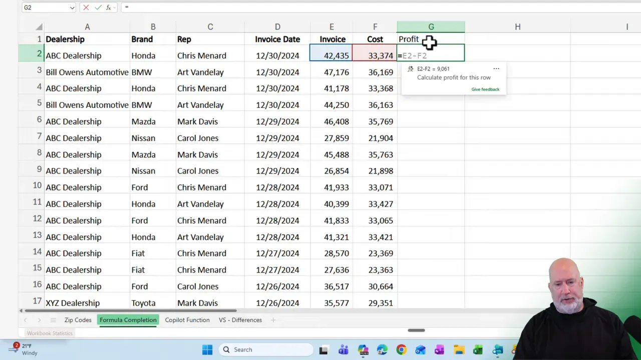 Excel worksheet showing colored cell references for Invoice and Cost and =E2-F2 in the Profit cell