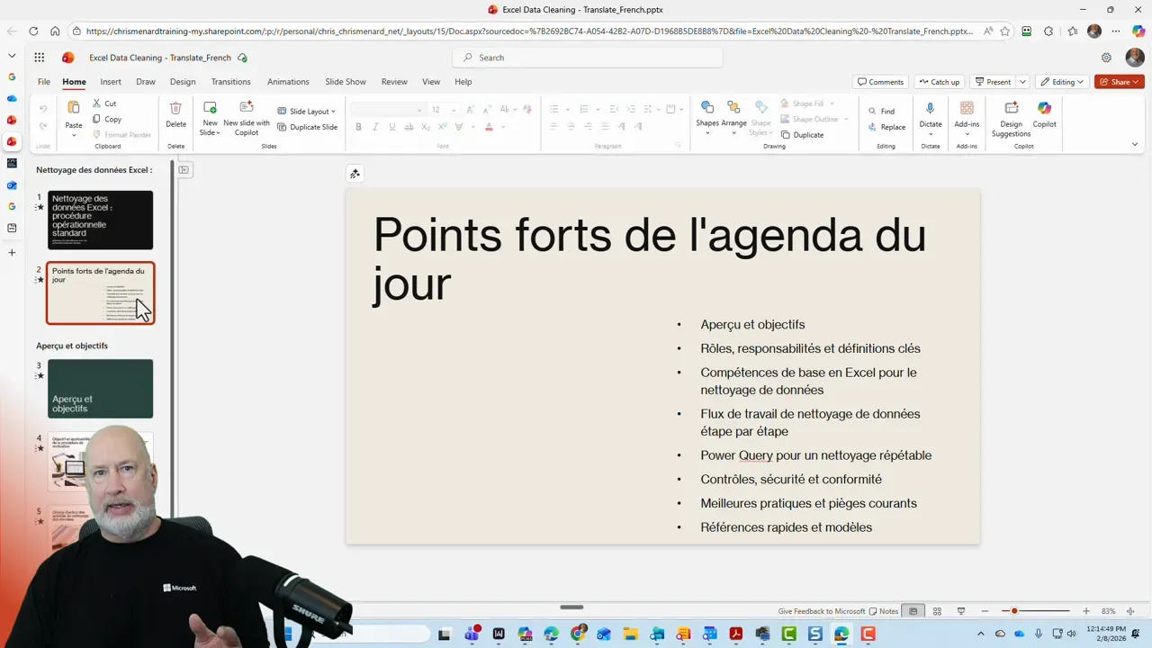 PowerPoint interface showing agenda slide 'Points forts de l'agenda du jour' with slide thumbnails and presenter overlay