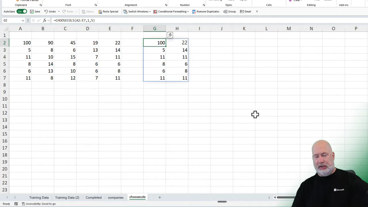 Excel window showing the formula bar with =CHOOSECOLS(A2:E7,1,5) and the resulting two-column output in columns G and H.