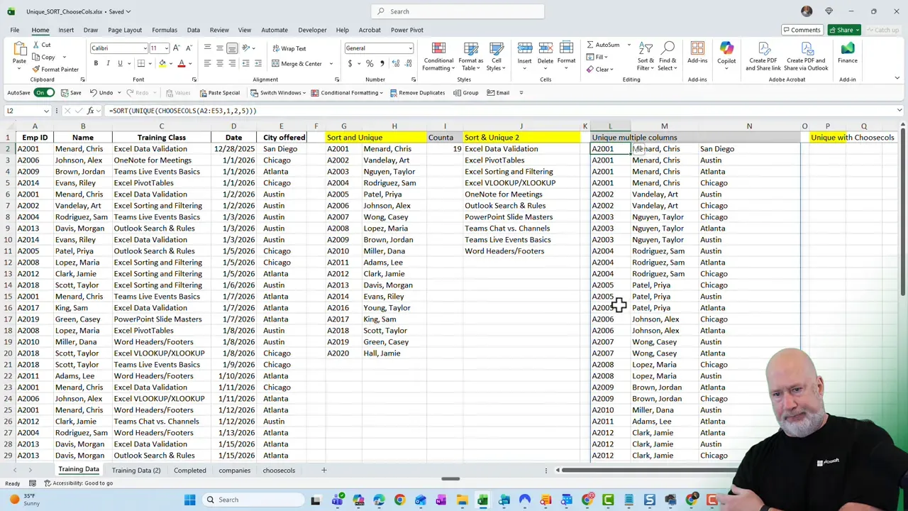 Excel workbook showing original table at left and SORT(UNIQUE(...)) outputs and unique multiple-column results in adjacent columns.