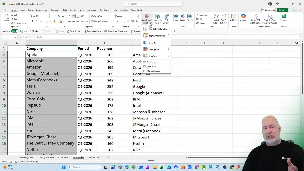 Excel screenshot showing the Company column selected (shaded) and the Conditional Formatting menu open with Highlight Cells Rules visible; presenter visible bottom-right.