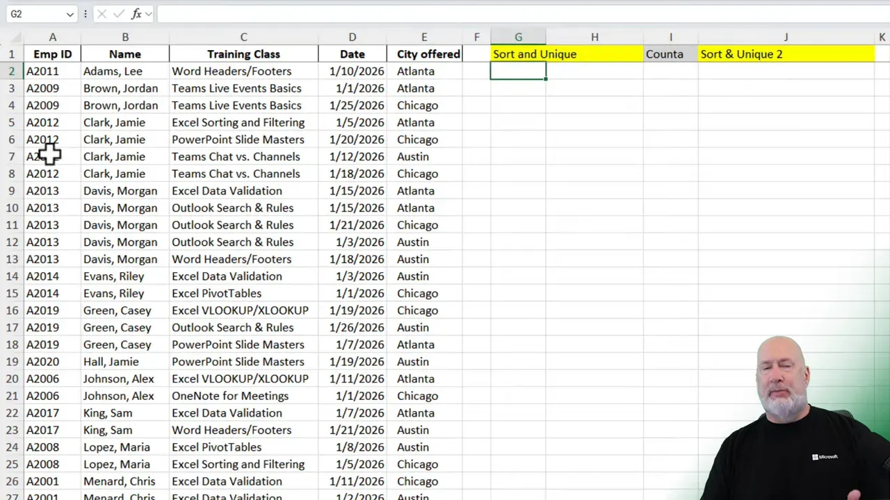 Excel spreadsheet close-up of employee training table (Emp ID, Name, Training Class, Date, City offered) with a highlighted Sort and Unique header.
