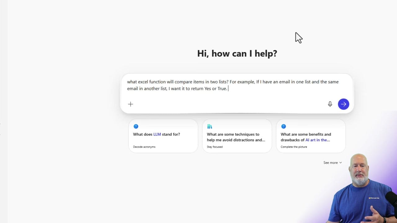 Copilot Chat interface showing the prompt: what excel function will compare items in two lists, return Yes or True