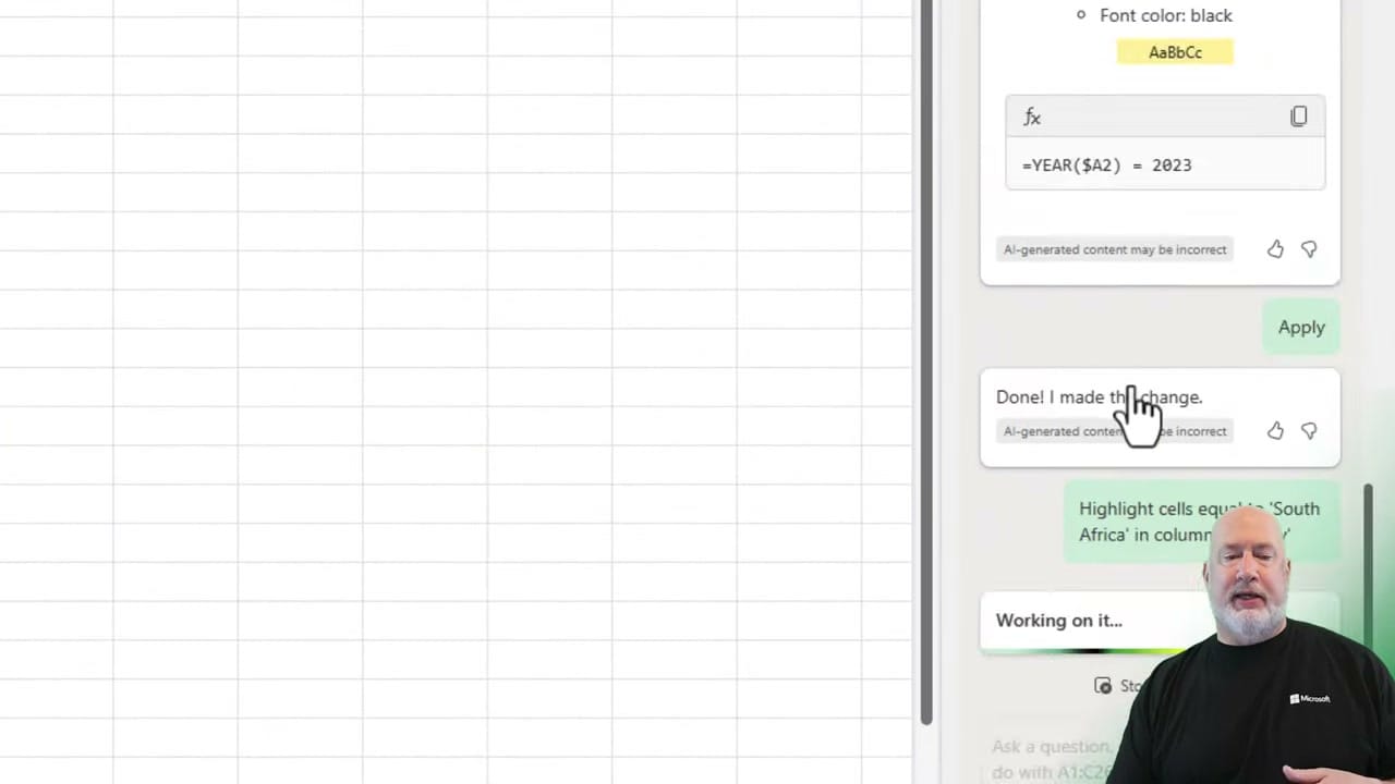 Copilot showing the formula YEAR A2 equals 2023 with Apply button and working on highlighting South Africa cells