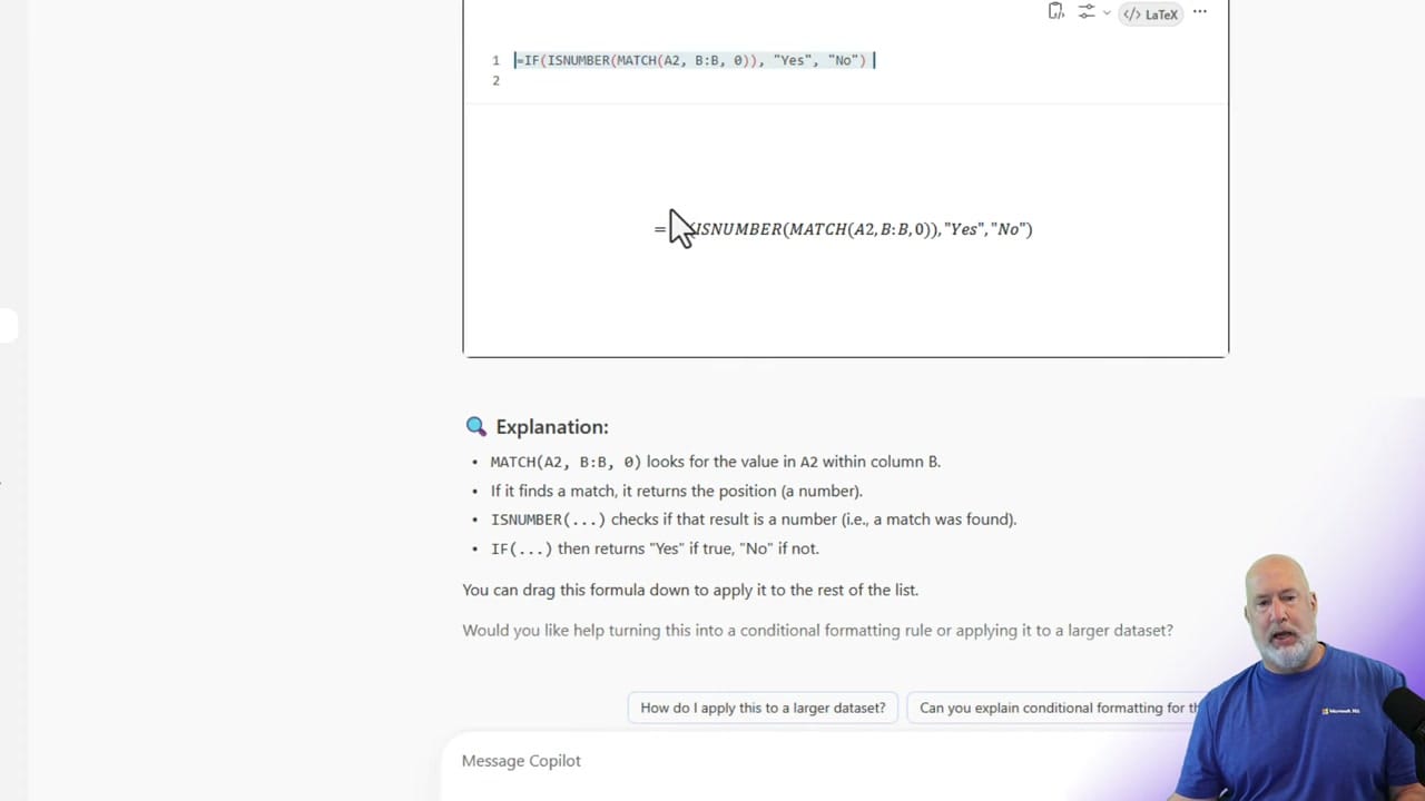 Copilot response showing the IF ISNUMBER MATCH formula with detailed explanation of each function