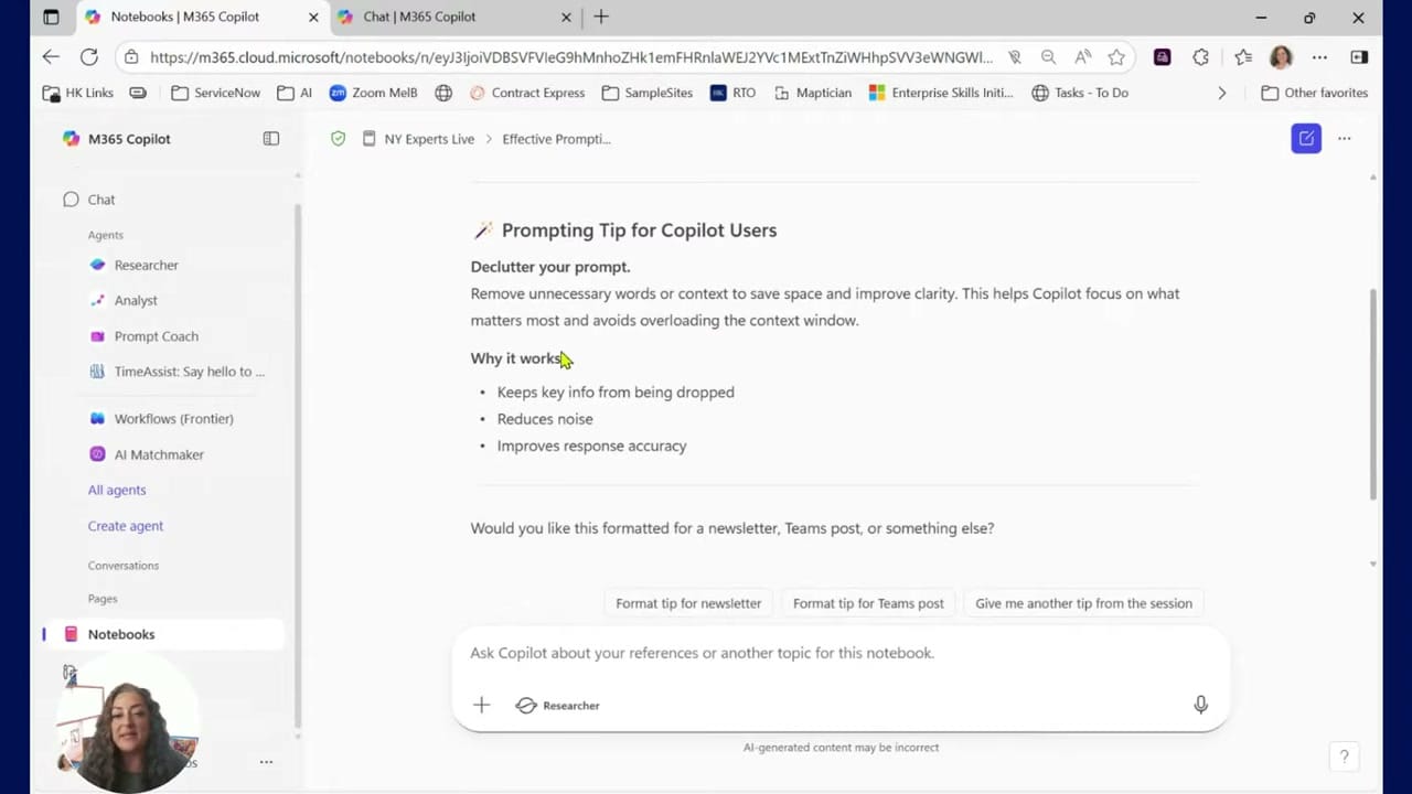 Microsoft 365 Copilot Notebooks interface showing a 'Prompting Tip for Copilot Users' about decluttering prompts, with agents listed in the sidebar including Researcher, Analyst, Prompt Coach, TimeAssist, and Workflows