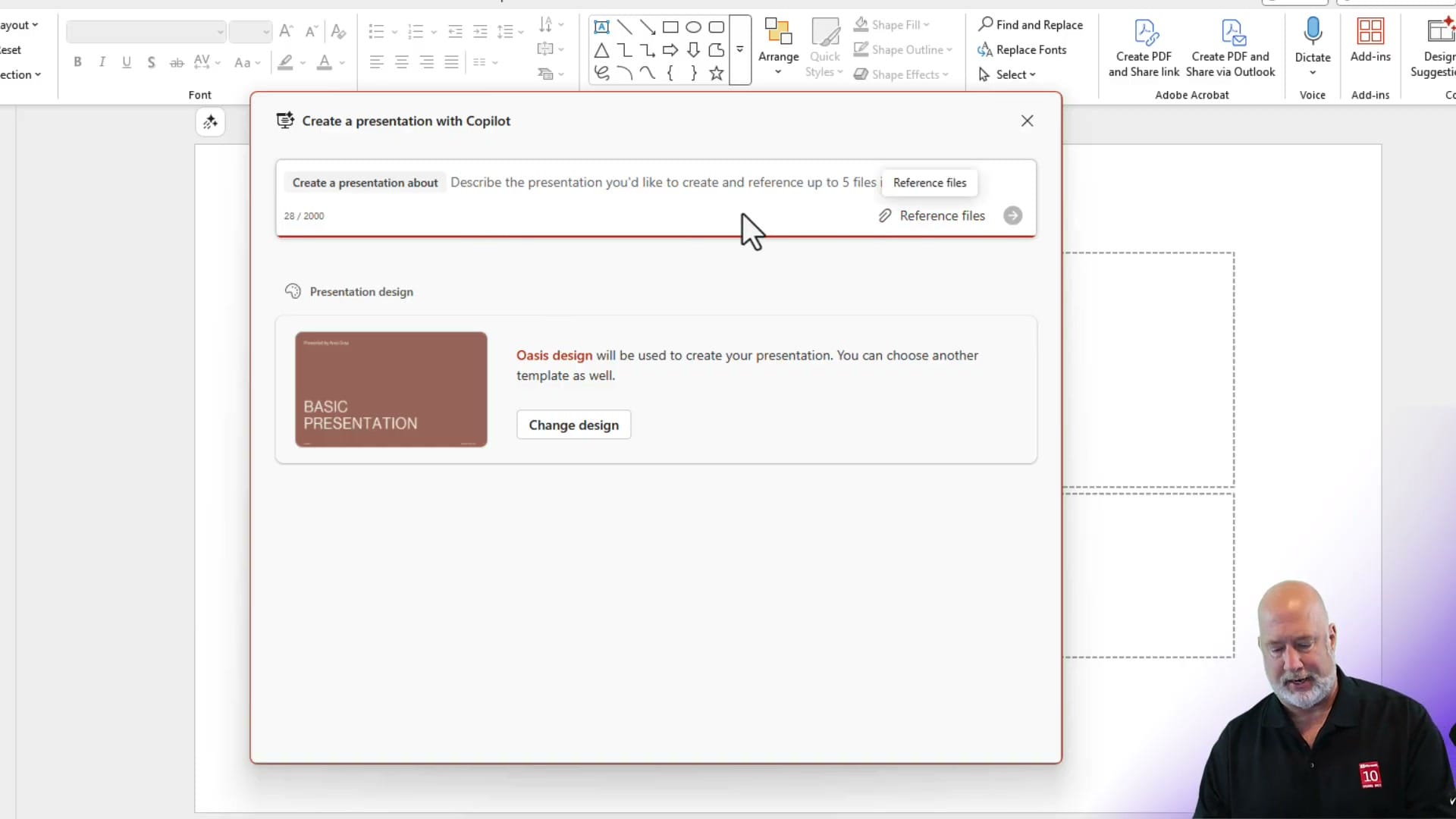 PowerPoint Create a presentation with Copilot dialog showing Reference files button and Oasis design template with Change design option