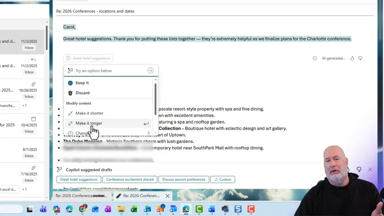 Outlook action menu with the pointer hovering over 'Make it longer' under Modify content, showing the Copilot options to expand or change a suggested reply.