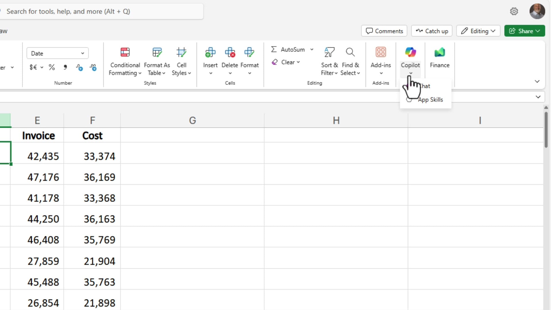 Copilot button in Excel ribbon showing Chat and App Skills dropdown options