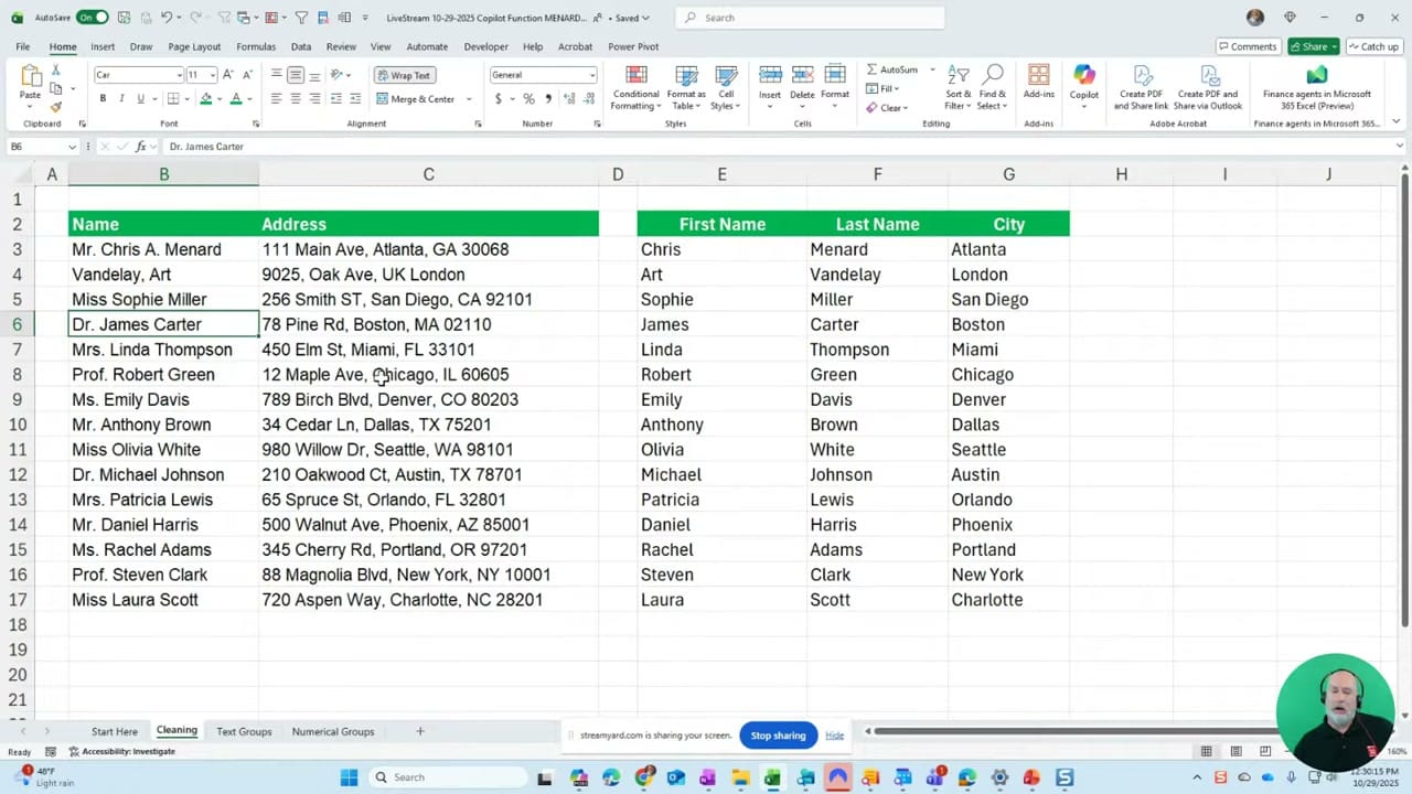 Excel spreadsheet with Name and Address columns being parsed into First Name, Last Name, and City columns using Copilot Formula Completion, showing data for multiple people with various titles and addresses