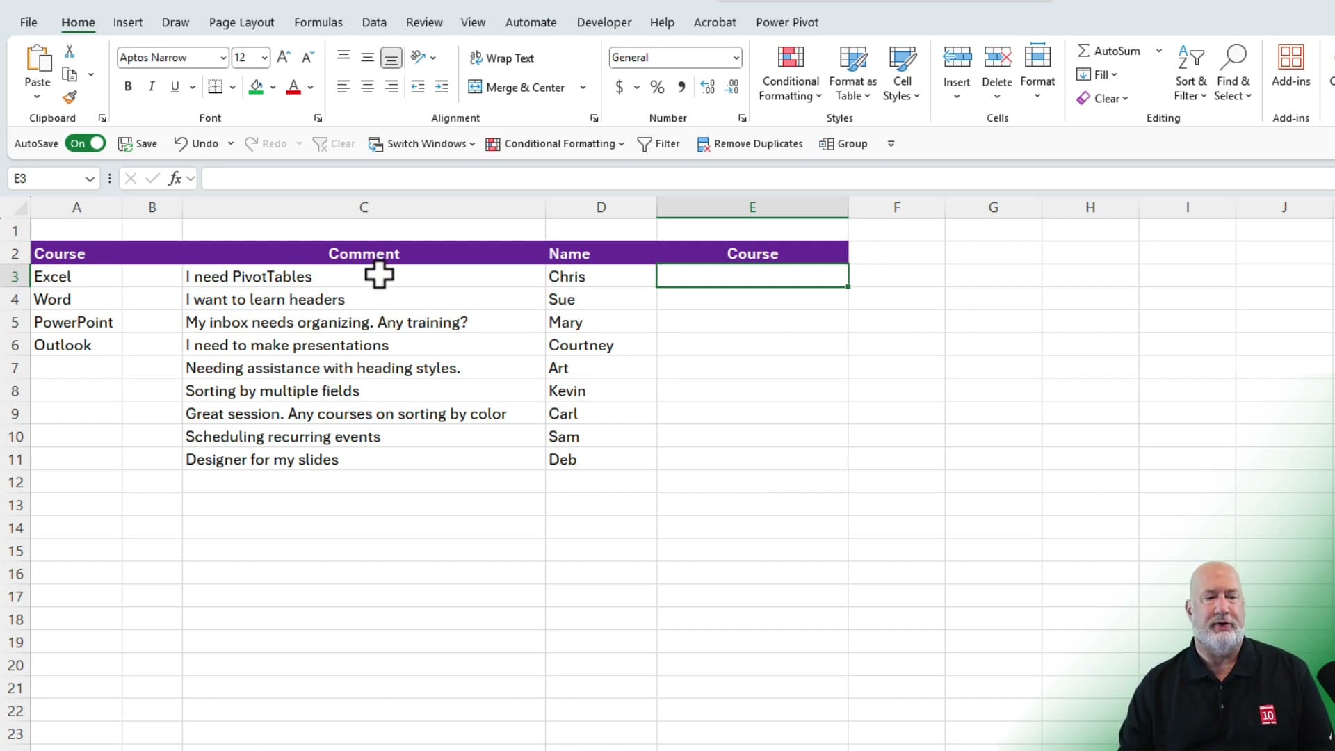 Excel spreadsheet with Course, Comment, Name, and Course columns showing training feedback classification setup for COPILOT function