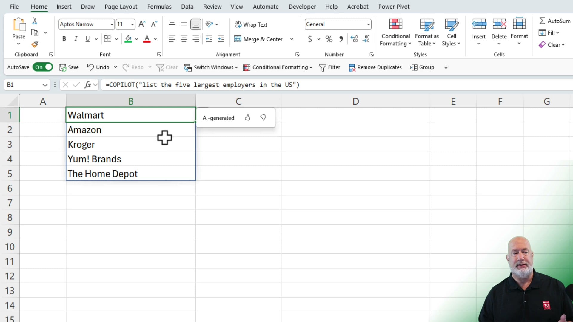 Excel showing COPILOT function =COPILOT list the five largest employers in the US with results Walmart, Amazon, Kroger, Yum Brands, The Home Depot spilling down with AI-generated label