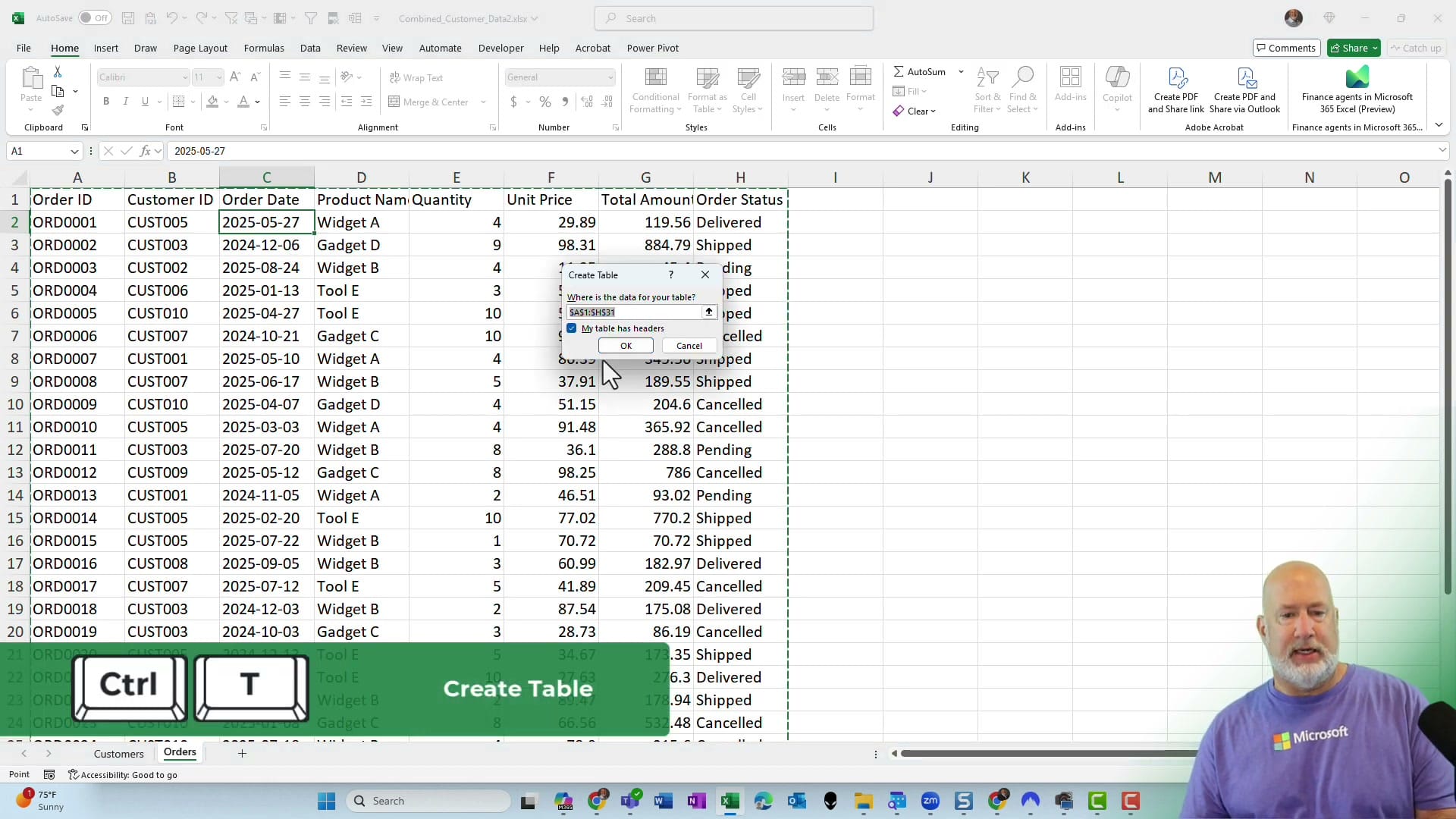 Excel Create Table dialog showing the detected data range with Ctrl+T keyboard shortcut overlay