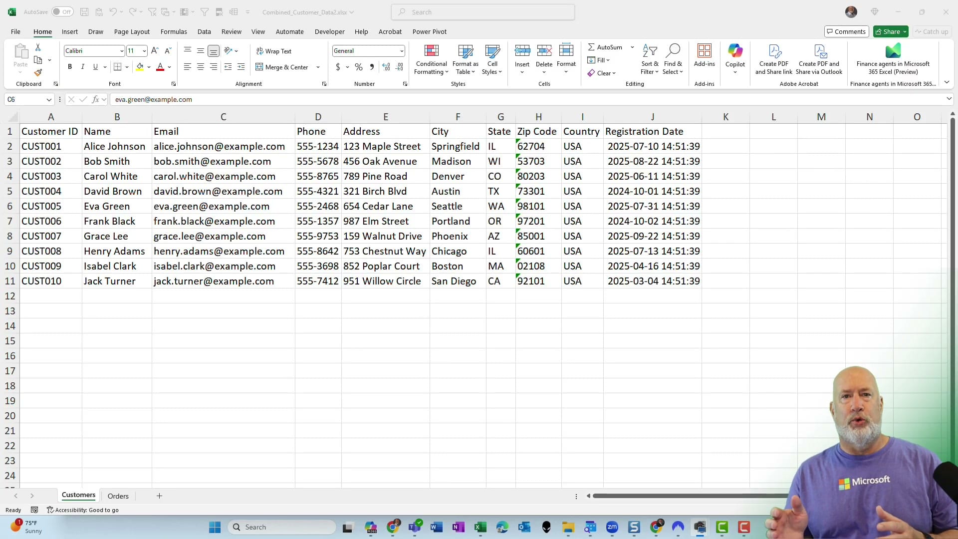 Excel Customers worksheet with Customer ID, Name, Email, Phone, Address, City, State, Zip Code, Country, and Registration Date columns