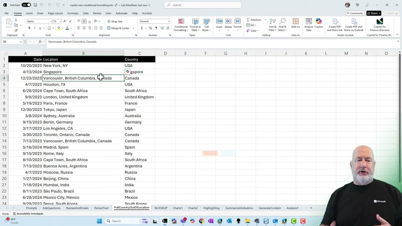 Excel spreadsheet with Date, Location, and Country columns showing international travel data from 2023-2024