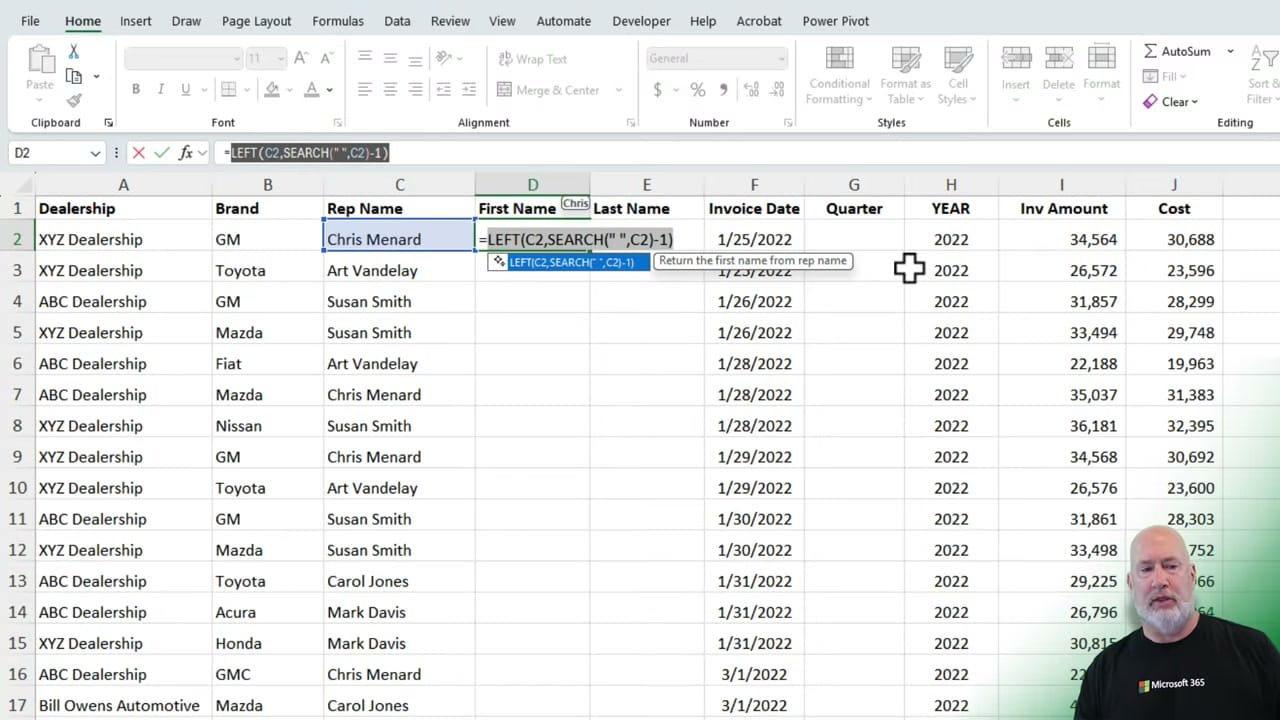Excel showing Formula Completion suggesting =LEFT(C2,SEARCH(' ',C2)-1) in the First Name column, with a tooltip reading 'Return the first name from rep name'