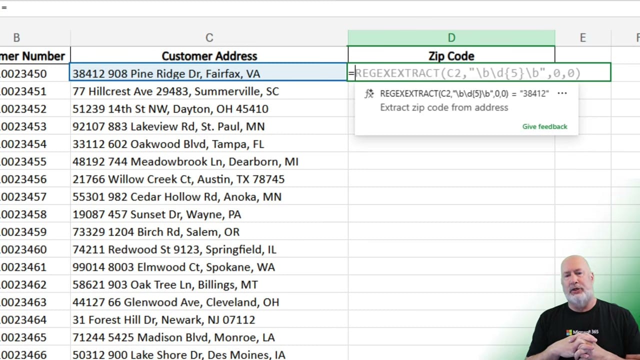 Excel Formula Completion suggesting REGEXEXTRACT formula with tooltip showing Extract zip code from address