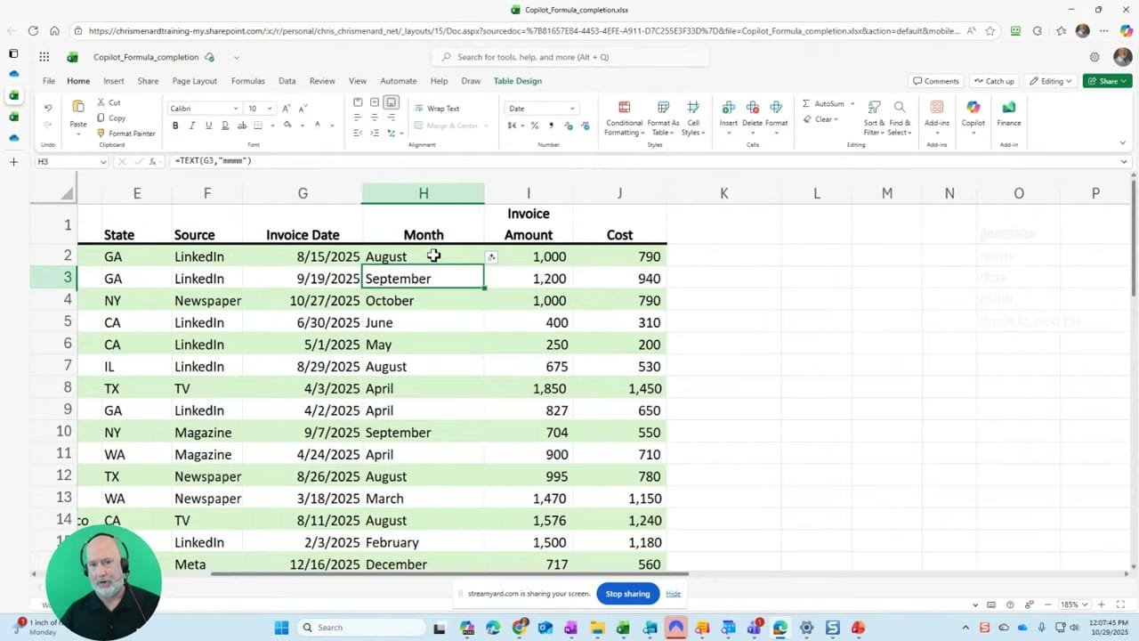 Excel spreadsheet showing Copilot Formula Completion with a TEXT formula extracting month names from invoice dates, displaying data with State, Source, Invoice Date, Month, Invoice Amount, and Cost columns