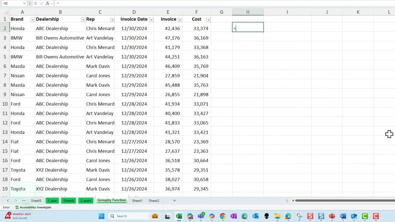 Excel table with columns for Brand, Dealership, Rep, Invoice Date, Invoice, and Cost showing car dealership sales data
