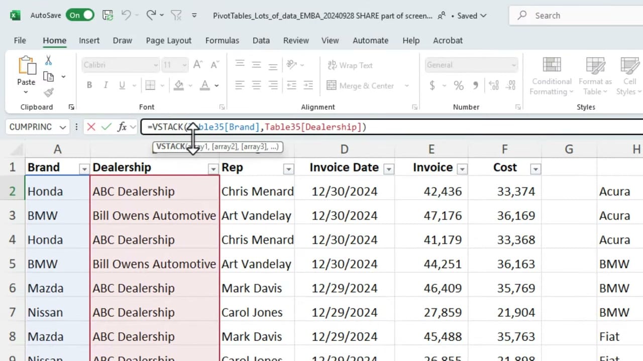 Excel formula bar showing VSTACK formula combining Brand and Dealership table columns with data visible below