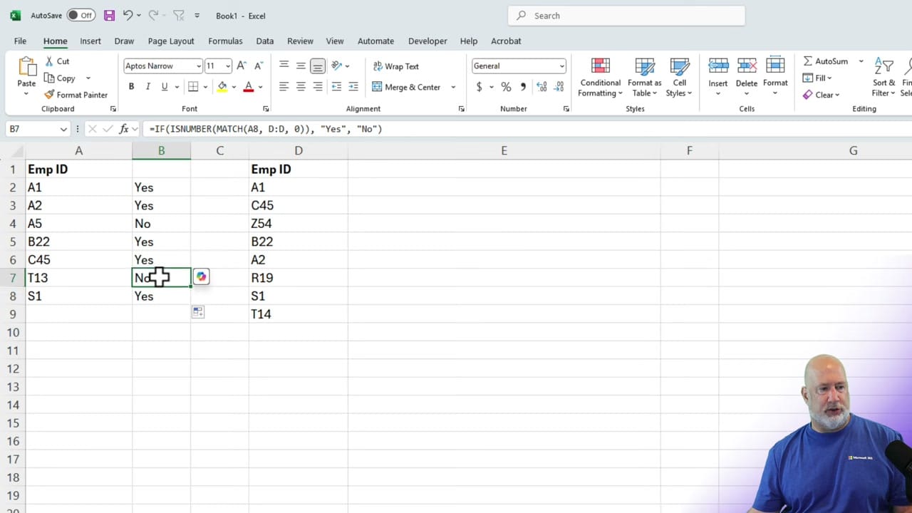 Excel spreadsheet showing two Emp ID columns with Yes/No results from the MATCH formula, with formula visible in formula bar