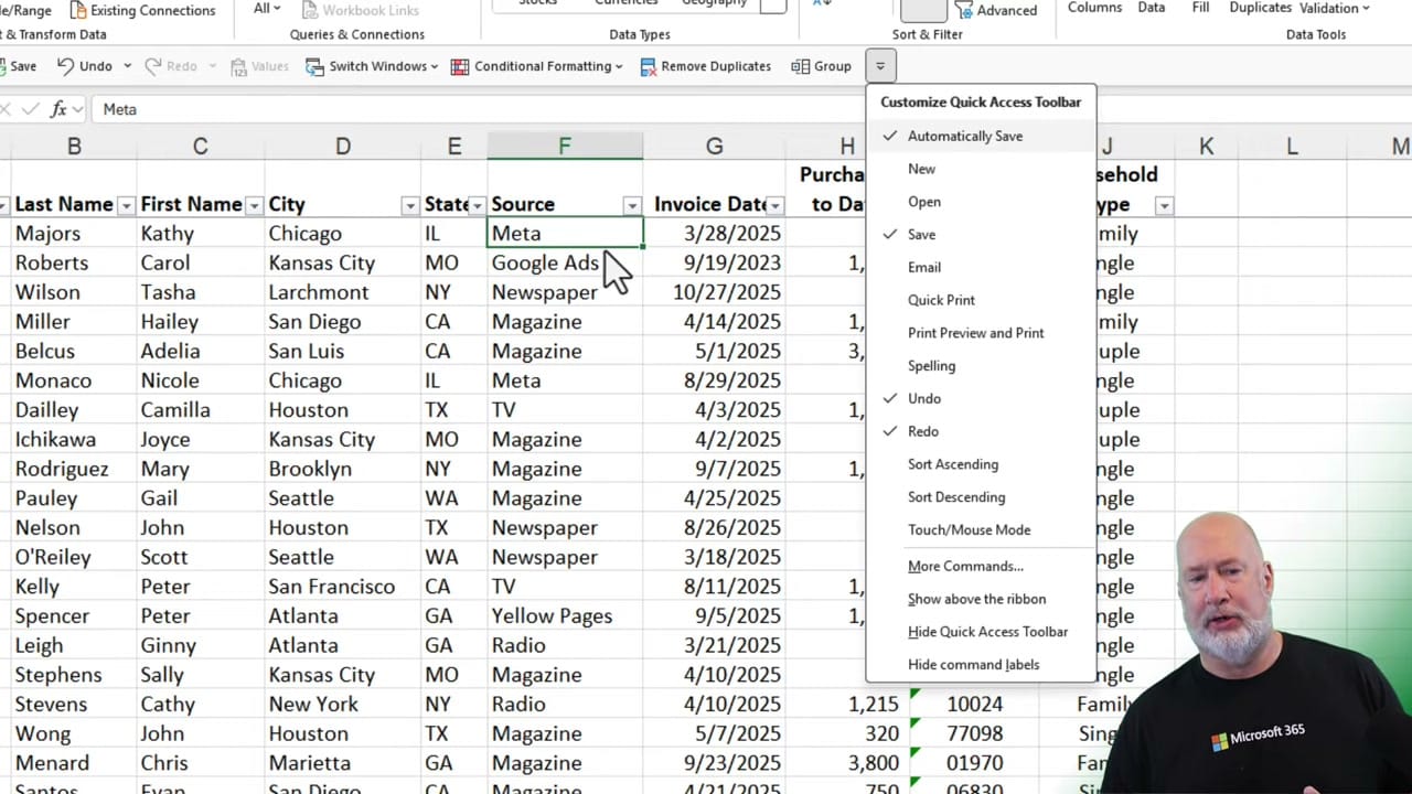 Excel Quick Access Toolbar dropdown menu showing options like Save, Email, Quick Print, and More Commands at the bottom