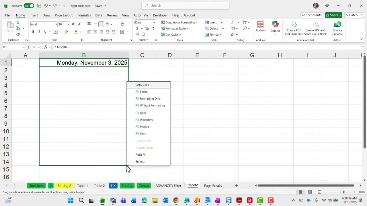 Excel right-click autofill context menu showing options: Copy Cells, Fill Series, Fill Formatting Only, Fill Without Formatting, Fill Days, Fill Weekdays, Fill Months, Fill Years, Flash Fill, and Series