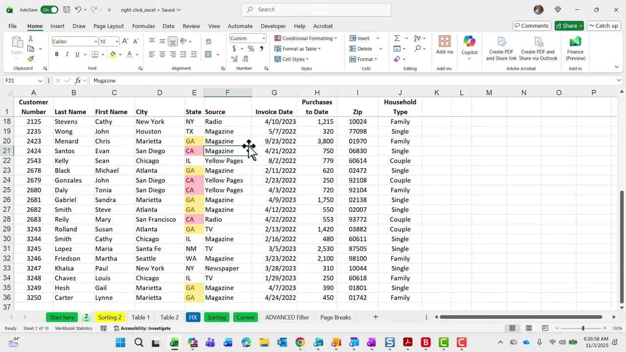 Excel spreadsheet filtered by state with GA (Georgia) cells highlighted in color, showing only matching records in the sorted dataset