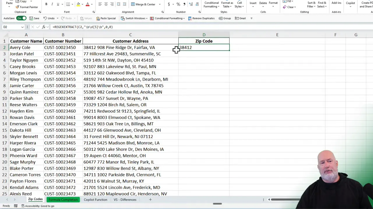 Excel sheet with an extracted zip code (38412) in the Zip Code column and the REGEXEXTRACT formula visible in the formula bar.