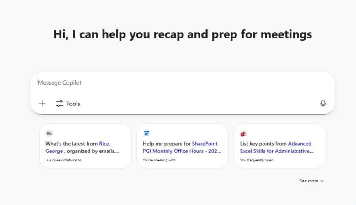 Copilot Work tab showing suggested prompts based on recent files